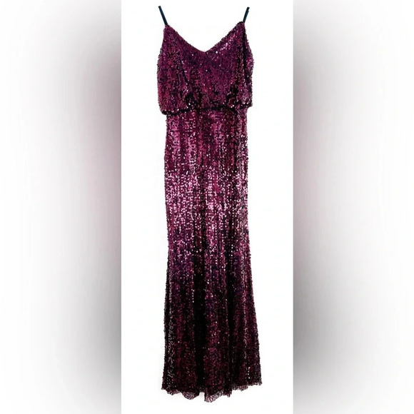 Betsy & Adam Sequin Sleeveless V-neck Maxi Evening Dress Gown in burgundy size 4 - Picture 3 of 16